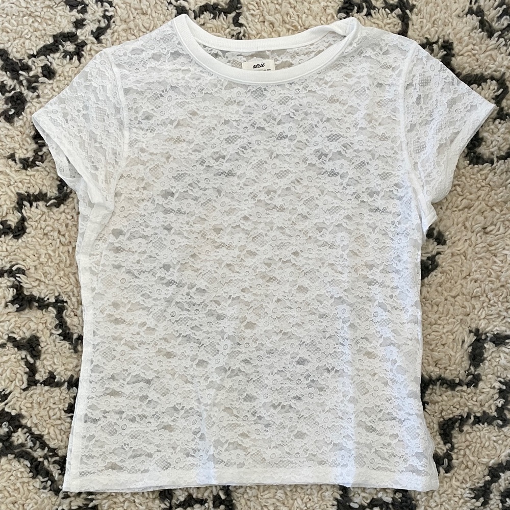 Aerie White Lace Short Sleeve Top